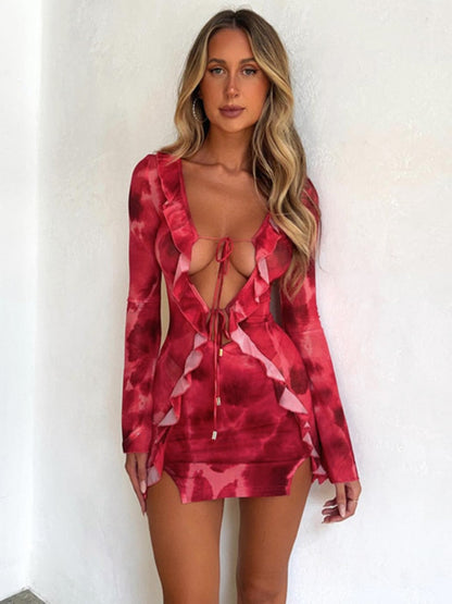 Summer Print Mini Dress Sexy Mesh See Though Ruffle Bodycon Dress Fashion Bandage Long Sleeve Club Party Beach Outfits 2023