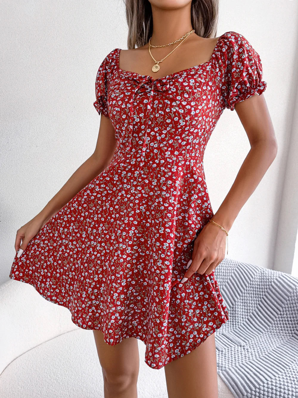 vmtvr  -  Square Collar Lace-up Waist Tight High-Waist Mini Dress Women Floral Print Puff Short Sleeve