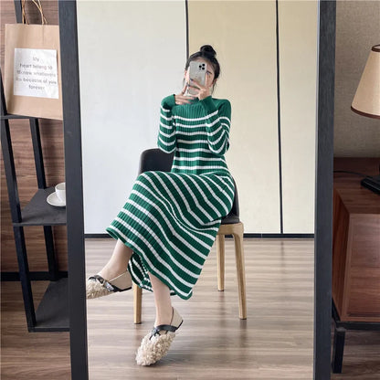 vmtvr Striped Knitted Robe Dresses Clothing For Women Autumn Winter Vintage Casual A Line Long Sleeve Maxi Sweater Dress Female