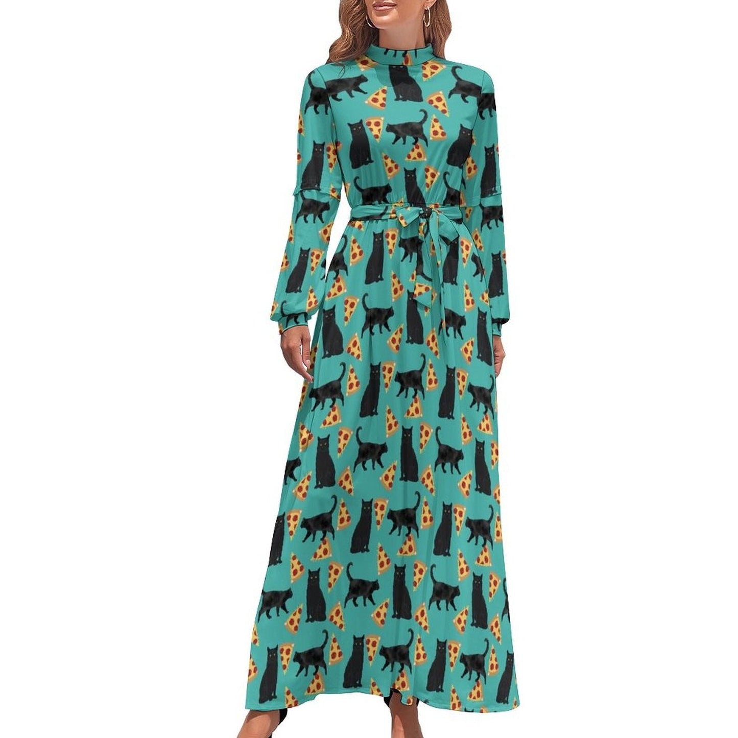 vmtvr - Cute Cats Print Dress Funny Animal Elegant Printed Maxi Dress High Waist Long-Sleeve Street Fashion Bohemia Long Dresses