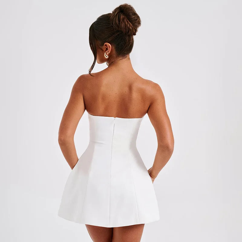 vmtvr White A-line Mini Dress for Women Sexy Strapless High Waist Dress 2024 Summer Fashion Sleeveless Slim Holiday Club Party Dresses