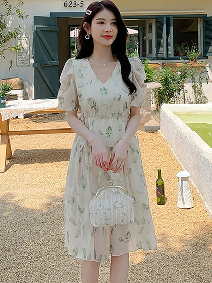 vmtvr 2024 New Green Floral Chiffon Puff Sleeve Midi Dress Summer Boho Elegant Bodycon Dress Women Korean Vintage Cheap Casual Dresses