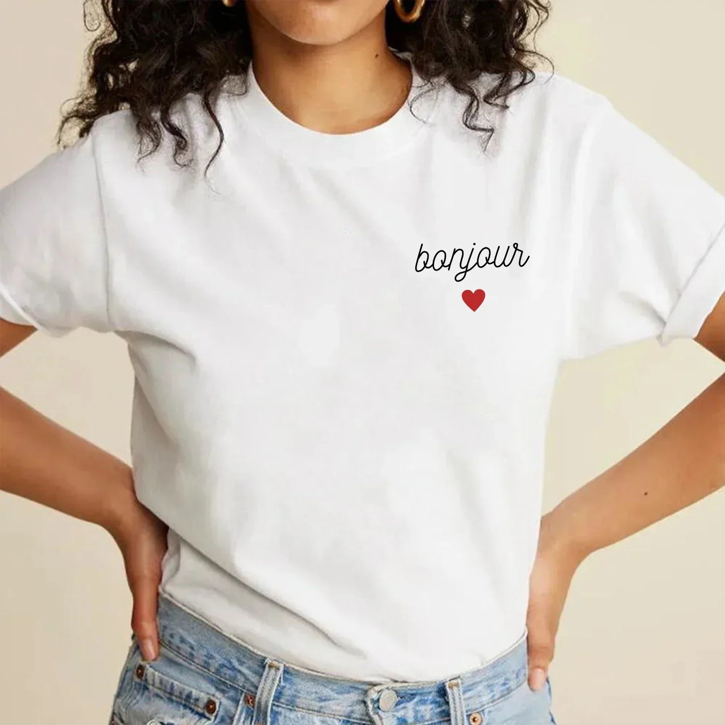 -Retro sports style outfit streetwear 90s fashion Bonjour Heart Embroidered Short Sleeve T Shirts Women Summer Loose 100% Cotton Elegant Tops Tees French Vintage Causal Shirt