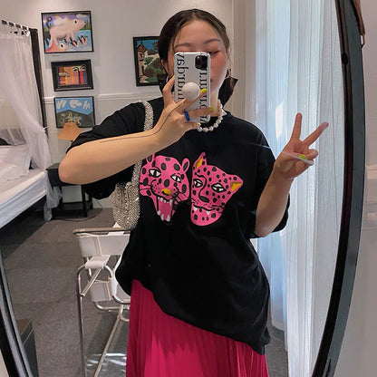 -Retro sports style outfit streetwear 90s fashion Kpop Pink Leopard Printing Women Summer Street Fashion Black T Shirts Short Sleeve Loose Cotton Tops 90s Y2K Tee Shirts