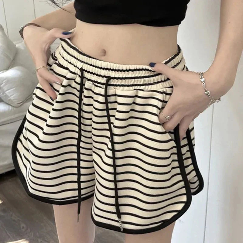 vmtvr Women High Waist Sports Shorts Summer Fashion Stripes Loose Wide Leg Pants Korean Casual Female All Match Shorts New