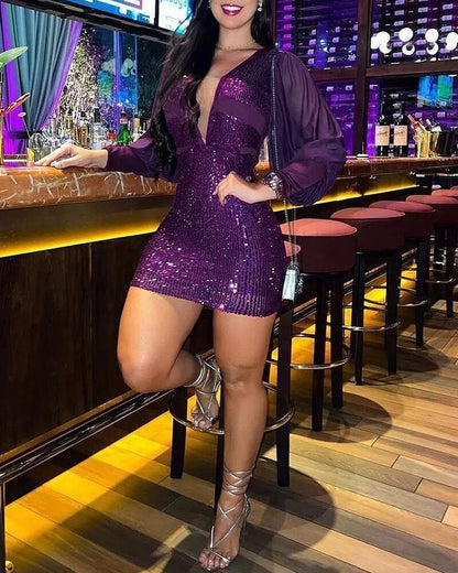 Party Club Sexy Fashion Women Autumn Casual Long Sleeve BlingBling Deep V Neck Mini Dress Sheer Mesh Plunge Sequin Bodycon Dress