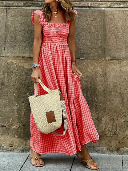 vmtvr -  New Summer Ruffle Sleeve Long Dress Retro Plaid Printed Beach Maxi Dress Women Sexy Square Neck Loose Hem A-Line Dress