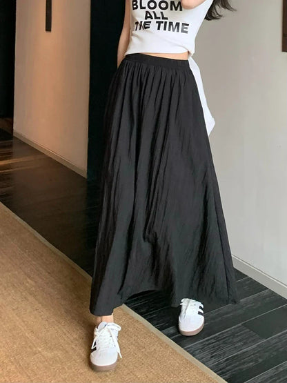 vmtvr Korean Fashion Women Wrinkle Skirt Harajuku High Waist A Line Mid Calf Skirt Summer Preppy Style Elegant Pockets Skirt New