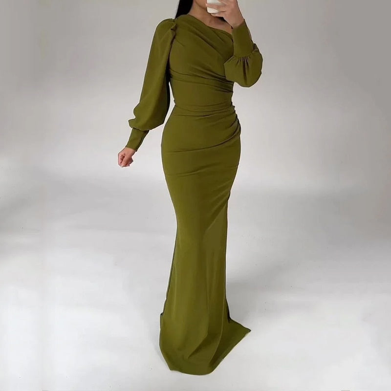 Women Maxi Dress Casual Solid Long Lantern Sleeve Inclined Shoulder Nipped Waist Slim Party Evening Dresses Streetwear