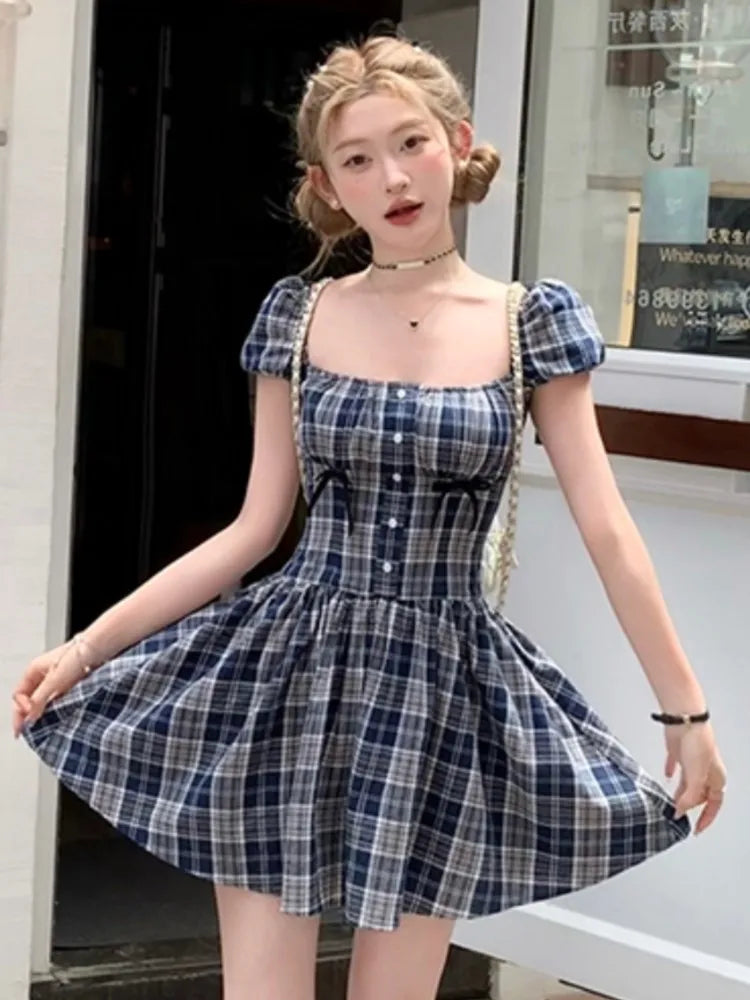 vmtvr  -  Y2K Plaid Short Dresses for Women Princess Birthday Party Dress Puff Sleeve Square Collar Bow Prom Summer Mini Vestidos Mujer