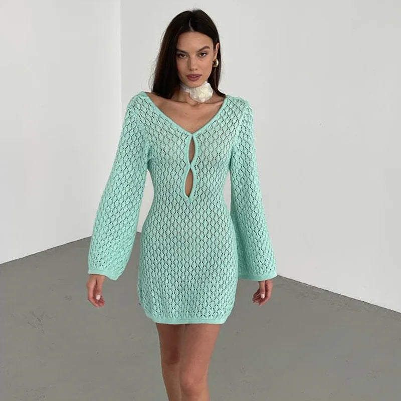 vmtvr Beige Knitted Hollow Out Mini Dress Women Long Sleeve Backless Slim Summer Beach Dress Female Fashion Sexy Cover-Ups 2024