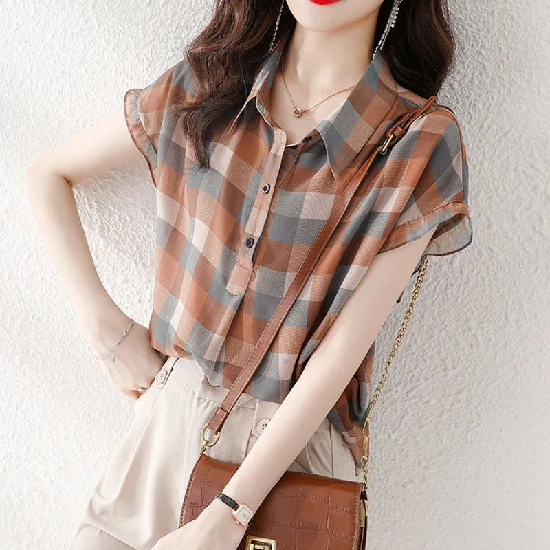 vmtvr Elegant Women Plaid Shirts Summer Korean Fashion Streetwear Female Loose Short Sleeve Tops Y2K All Match Casual Blouse