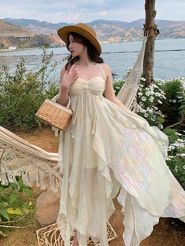 vmtvr France Fashion Irregular Beach Strap Dress Female Elegant Chiffon Fairy Party Vestidos Korea Summer Casual Clothing