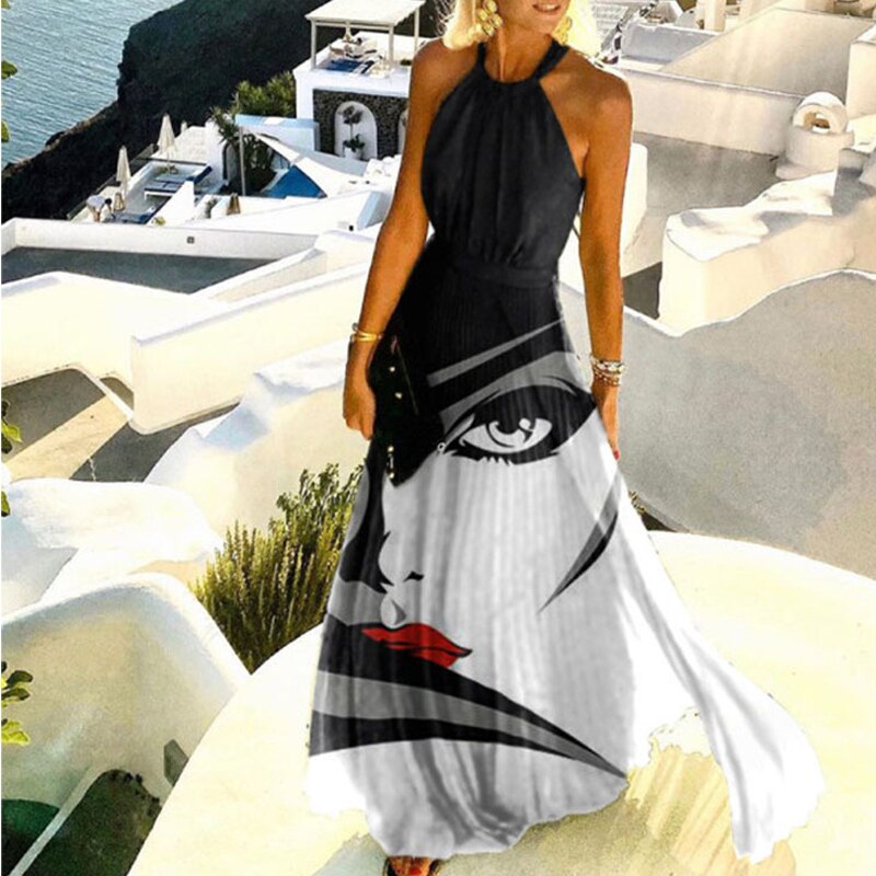 vmtvr graduation outfit ideas 90s latina aesthetic freaknik baseball game tomboy style swaggy going out classic edgy brunch cuteWomen Sexy Off Shoulder Long Dress Summer New Sleeveless Halter Pleated Maxi Party Dress Vintage Print O Neck Female Dress