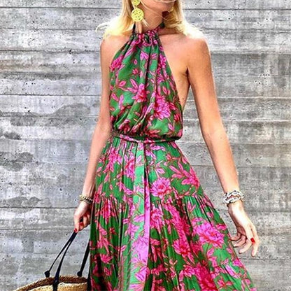 Summer Halter Sleeveless Floral Print Boho Dress for Women Pleated Stitching Maxi Dress High Waist Slim Lace Up Beach Dress