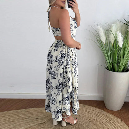 vmtvr Sexy Halter Hollow Sleeveless Holiday Dress New 2024 Summer Floral Print Ruffle Long Dress Fashion Backless Slim Party Dresses