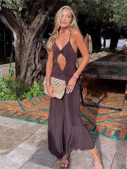 vmtvr -  Cut Out Brown Elegant Dress For Women Backless Ruched Draped Maxi Dresses Party Club Vestidos Y2K