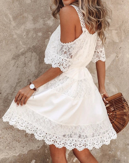 vmtvr Vintage Lace Summer Dress Cold Shoulder Half Sleeve Loose Crochet Embroidery Lace Stitching A Line Mini Dress Female Clothing