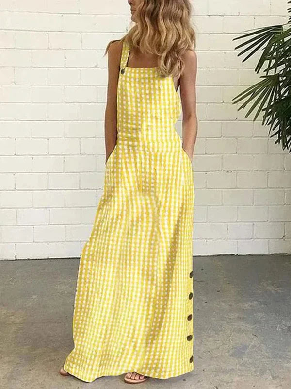 vmtvr  -  New Female Stylish Selection Plaid A-line Dress Summer Sleeveless Loose Buttoned Spaghetti-Neck Casual Maxi Dresses