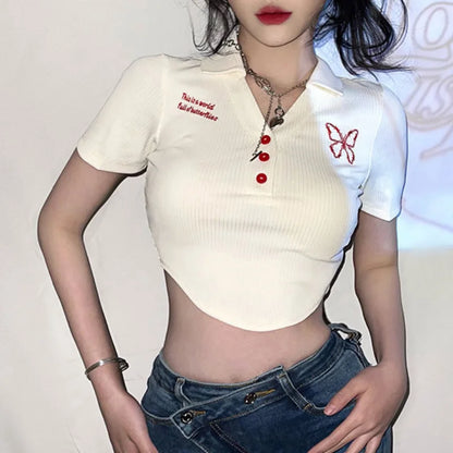 vmtvr Summer Women Sexy Short Sleeve T-shirt Butterfly Embroidery Fashion Short Tees Female Clothing Students New Slim Casual Crop Top