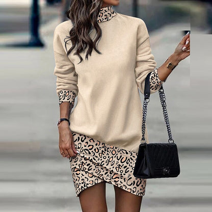 Spring Autumn Print Causal Dresses For Women Long Sleeve High Neck Pencil Mini Dress