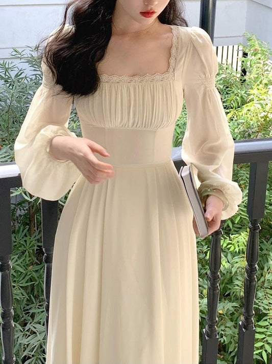 vmtvr - French Vintage Midi Dress Women Long Sleeve Pure Color Elegant Chiffon Dress Office Lady Lace One Piece Dress Korean  Spring