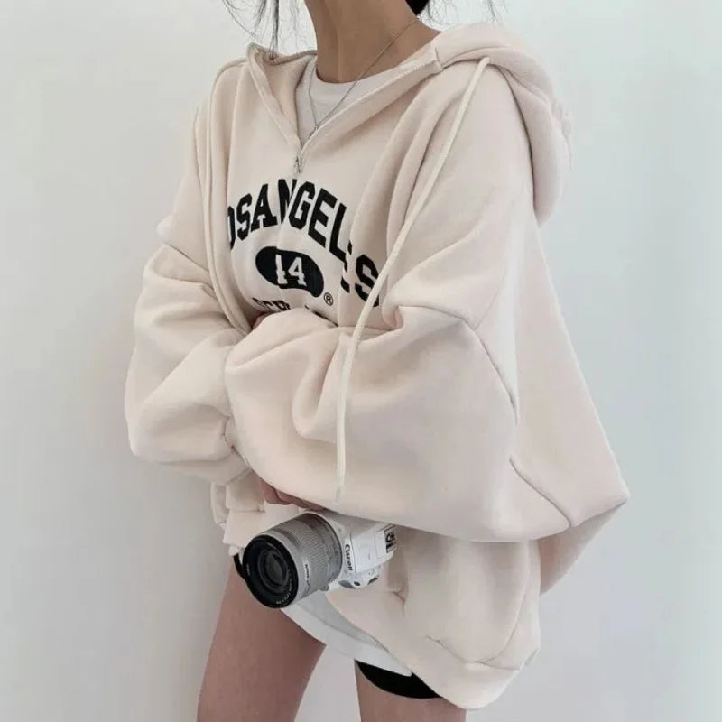 -Fall Outfits Long Sleeve Top -Women Kpop Loose Hooded Sweatshirts Half Zipper Pullover Long Sleeve Couple Top Harajuku Vintage Letter Printed Hoodies