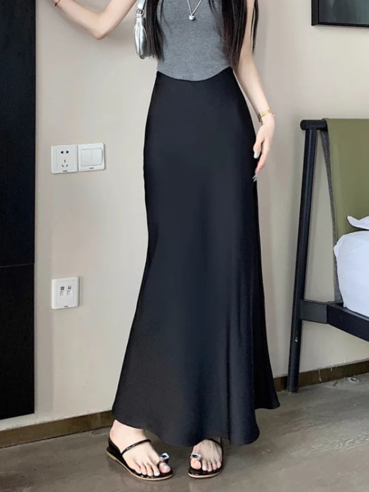 vmtvr Summer Satin Skirt 2024 Women's Long Skirt Silk High Waisted Slim Fashion Korean Solid Champagne Black Midi Skirts for Women