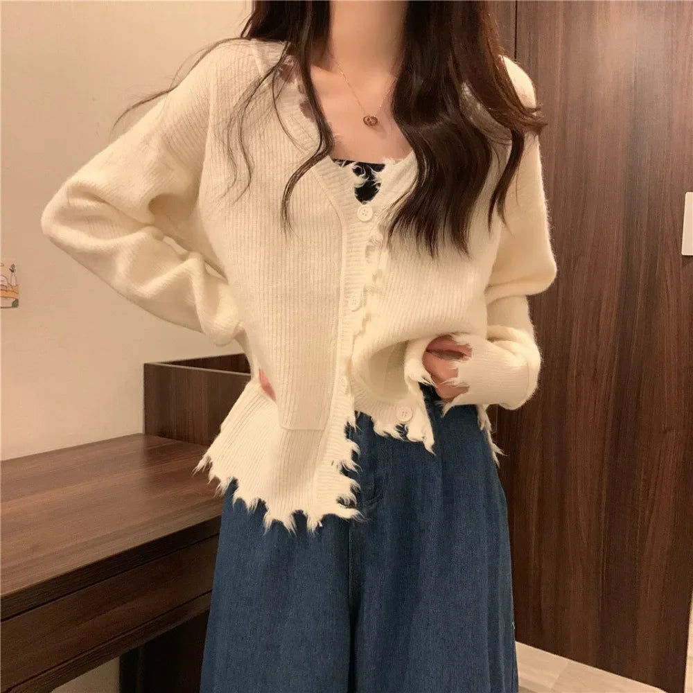 vmtvr French Style Sweater Cardigan Women Long Sleeve V-neck Frayed Sweaters Autumn Winter Cropped Kintted Cardigan Elegant Streetwear