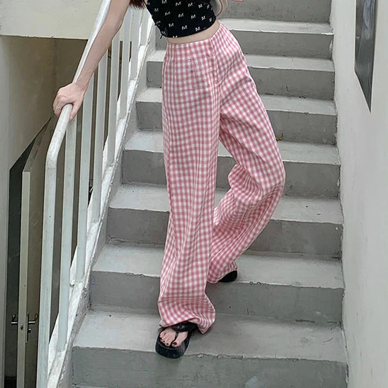 vmtvr High Waist Women Pink Plaid Pants Summer Fashion Streetwear Loose Wide Leg Pants Y2K All Match Female Straight Trousers