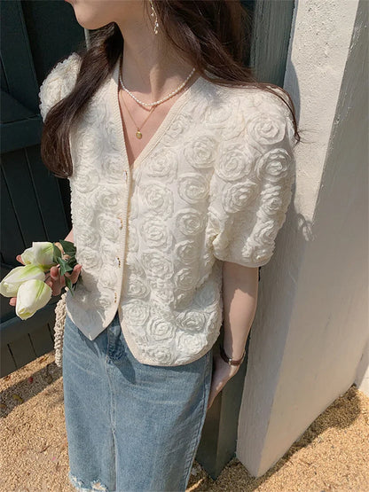 vmtvr Summer Shirts Flowers Gentle Short Sleeve OL All Match Office Lady Slim V-Neck Embroidery Blusas Chic New