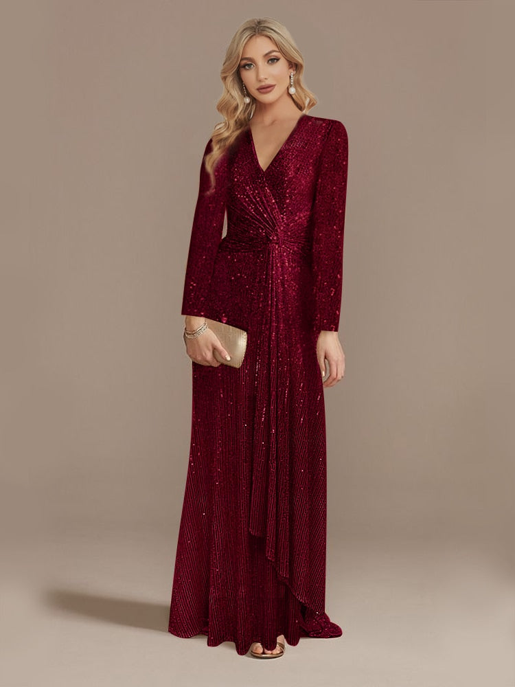 Luxury Long Sleeve V-Neck Evening Dress Wedding Party Sequins For Women 2023 Female Guests Red Prom Cocktail Dresses