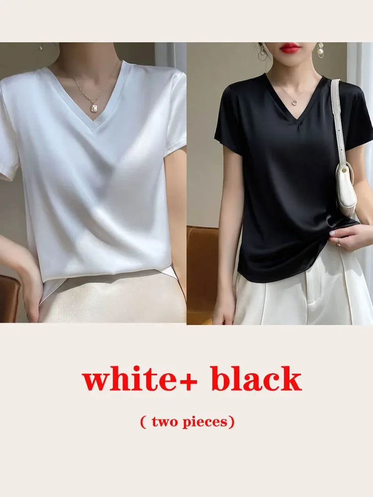 vmtvr Summer Women's T-shirt Korean Fashion Satin V-neck Tees Short-sleeved Casual LOOSE Solid Champagne White Silk T-shirts Women