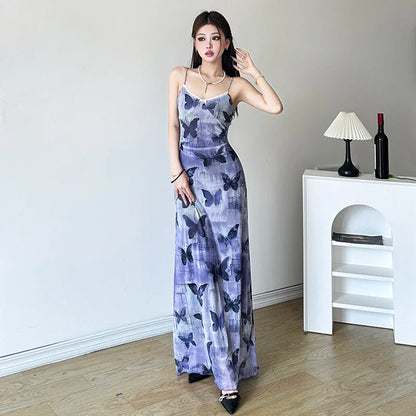 vmtvr Sexy Strap Maxi Dresses Women New Summer Fashion Sleeveless Butterfly Print Backless Dresses Casual Clubwear Elegant Party Dress