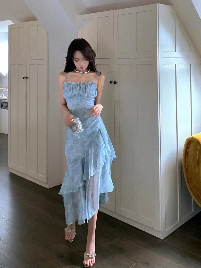 vmtvr  -  Korean Fashion Blue Floral Chiffon Camisole Dress with Summer Irregular Holiday Style Slit Long Dress Female Clothing