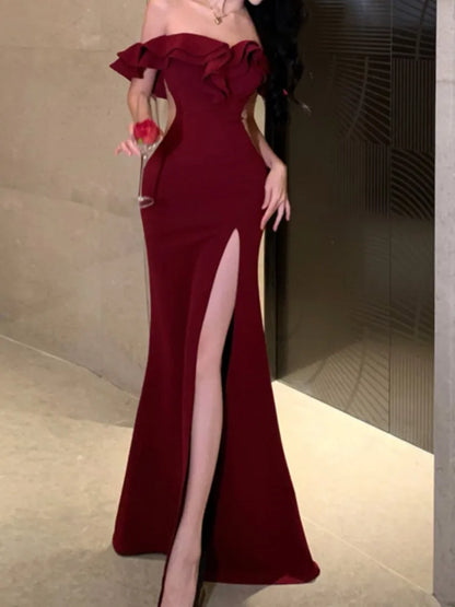 vmtvr Sexy Bodycon Long Dresses for Women Wedding Evening Party Prom Robe Ruffles Slash Neck High Split Hollow Out Summer New Vestido