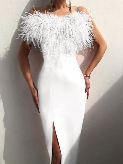 vmtvr Luxury Feathers Dress Women Sleeveless Spaghetti Strap High Waist Bodycon Slit Mid-calf Wedding Birthday Party Evening Dresses