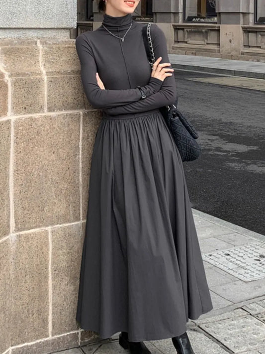 vmtvr New Fashion Casual A-Line Women Dresses Autumn Turtleneck Elegant Black Grey Midi Robe Chic Party Female Vestidos Mujers