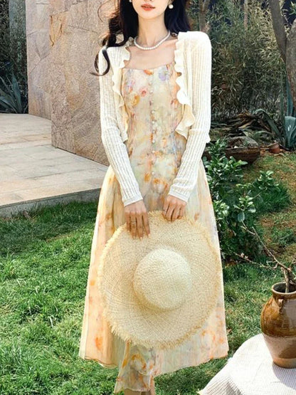 vmtvr Vintage Floral Two-piece Dress Women Chiffon Korean Elegant Long Strap Dress Female Summer Casual Beach Evening Party Dress