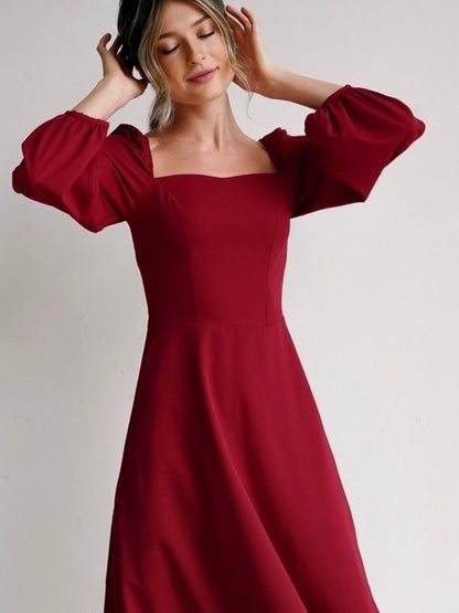 vmtvr - Churses Red Party Dress New Year Fashion a Line Women Dress Puff Sleeve Zipper Square Collar 2023 New Midi Length Autumn Winter