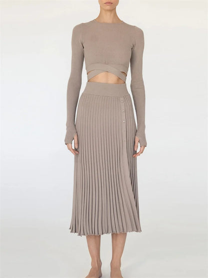 vmtvr New White Knit Two Piece Women Sets Fall Ribbed Crop Top And Pleated Knitted Skirt Suits For Women Midi Dress Sets