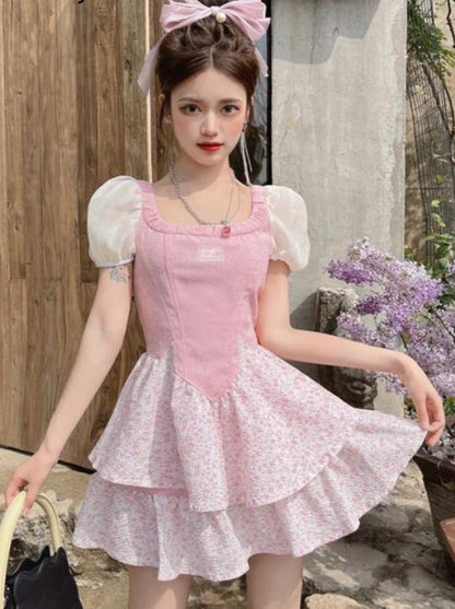 vmtvr - Elegant Sweet Dress Women Vintage Patchwork Party Mini Dresses Female Korean Fashion Holiday Square Collar Casual Dress Summer