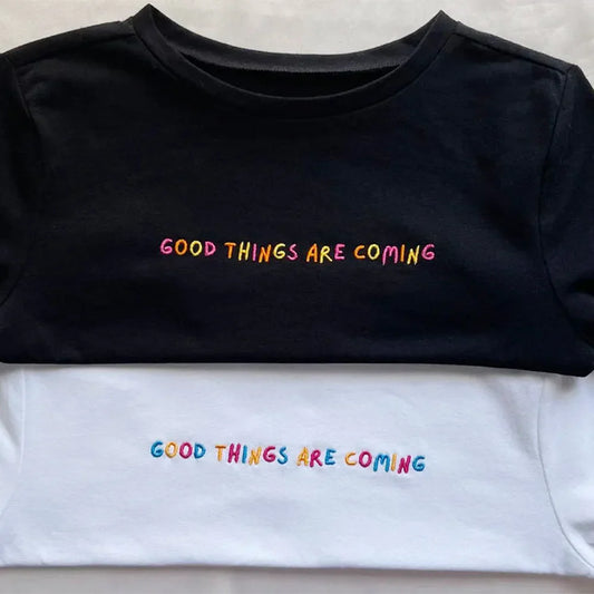 -Retro sports style outfit streetwear 90s fashion Good Things Are Coming Rainbow Letters Embroidered Printing Crop Tops Short Sleeve Slim Sexy Cotton Shirts Ins Fashion Y2K Tees