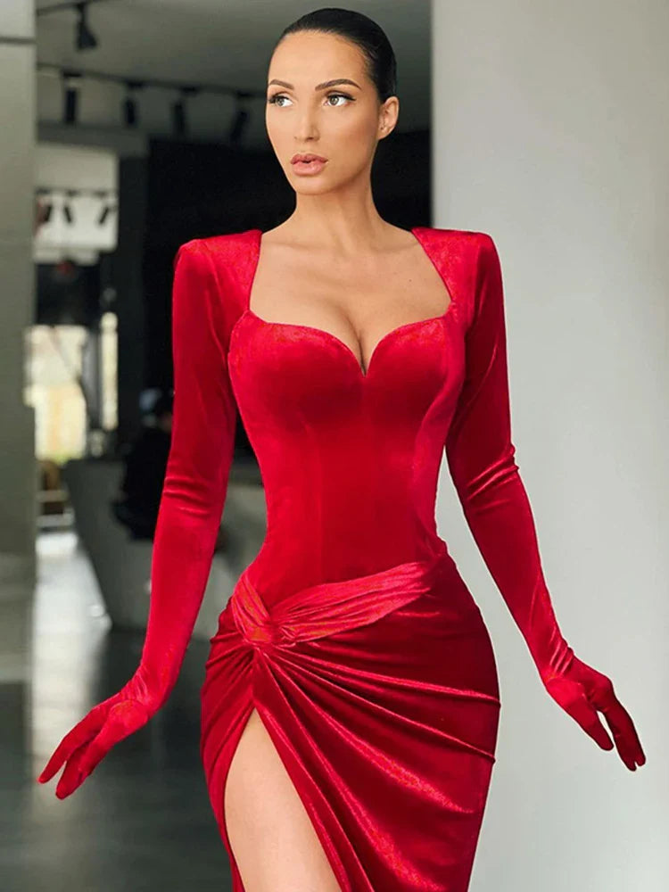 vmtvr  - Elegant Gown Long Dress Evening Club Outfits for Women Gloves Sleeve Velvet Sexy Slit Maxi Dresses Ruched Dresses