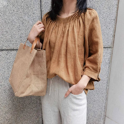 vmtvr Vintage Retro Women Cotton Linen Puff Sleeve O-neck Boho Oversize Loose Blouse Summer Casual Blusas Female Shirts Tops