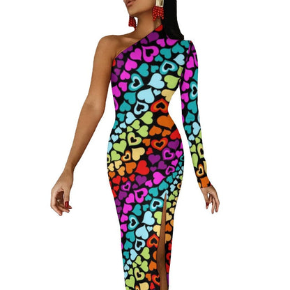 Rainbow Colors Maxi Dress Long Sleeve Colorful Aesthetic Cute Bodycon Dress High Slit Party Long Dresses Women Pattern Vestidos