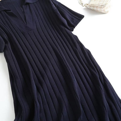 New Autumn Women Vintage Navy Blue Short Sleeve Rib Knit Dress Office Ladies Side Slits Casual Loose Midi Dress