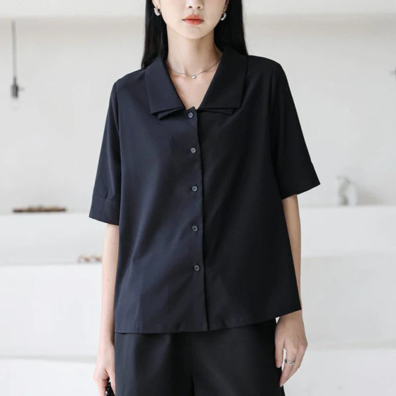 vmtvr Y2K Double Collar Chiffon Shirt Korean Fashion All Match Women Half Sleeve Tops Summer Casual Office Ladies Black Blouse