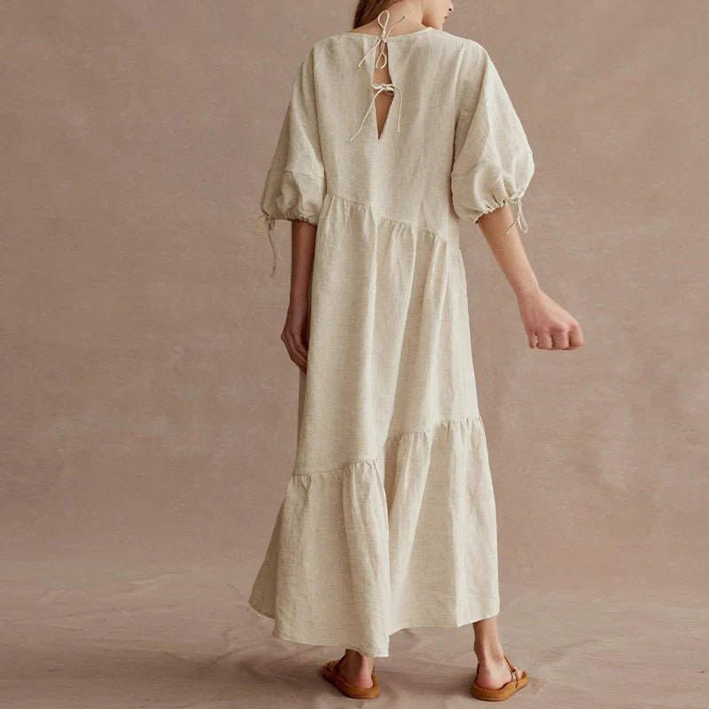 vmtvr Newly French Vintage Elegant Cotton Linen Lantern Sleeve Women Dresses 2023 Summer Casual Solid Tie Loose Maxi Female Dress