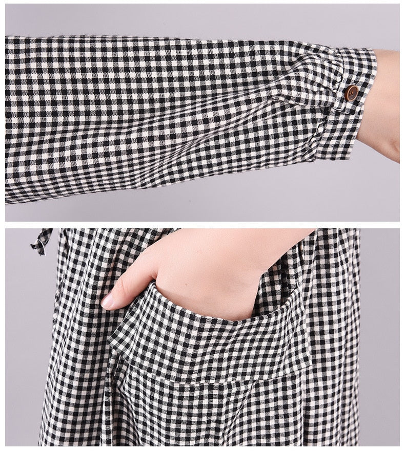 vmtvr - Dresses for Women Loose Stitching Cotton and Linen Plaid Long-sleeved Dress Women's Lace-up Waist Midi Skirt  Elegantly